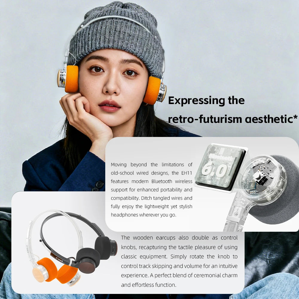FIIO EH11 On-Ear Bluetooth Headphones – Hi-Res LDAC Wireless Bass Headset, 30H Battery, Dual Device Connection & Lightweight Retro Design