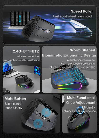 Wireless Ergonomic Mouse with Smart Flying Scroll, Bluetooth & 2.4G Rechargeable RGB Backlit Ergonomic Mouse, Adjustable DPI Gaming Mouse for PC, Laptop & Mac