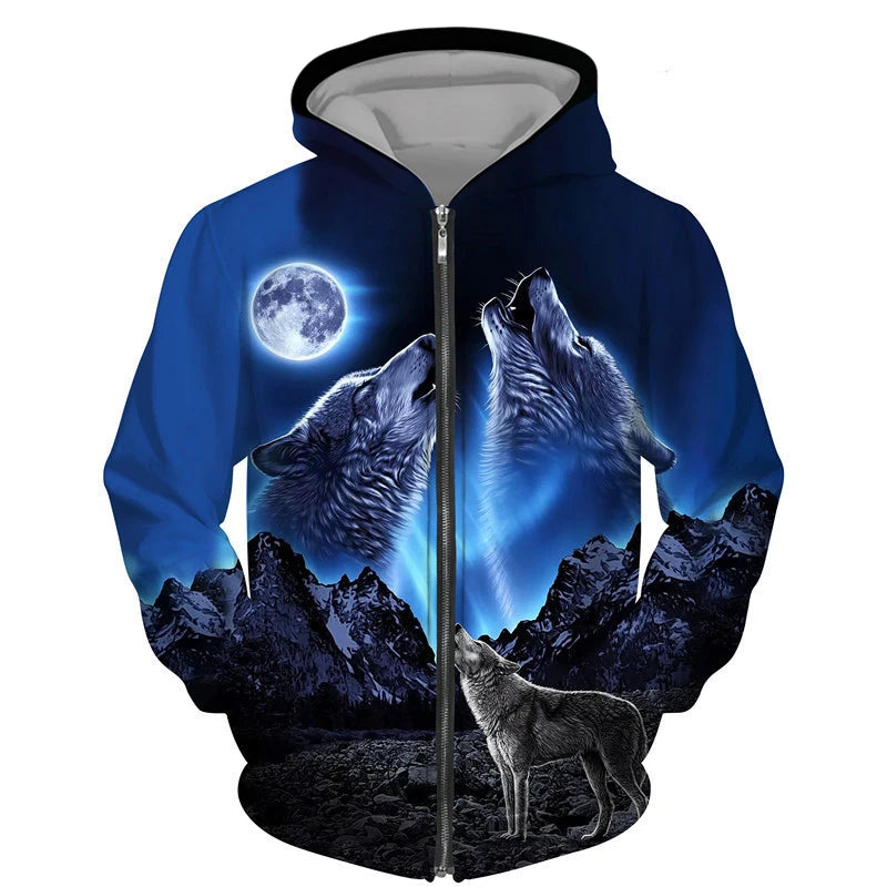 Sweat à capuz com fecho e estampado 3D de lobo, estilo streetwear, para homem/mulher, casaco com capuz unissexo casual hip-hop