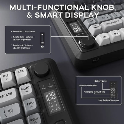 ATTACK SHARK M75 Wireless Membrane Gaming Keyboard with OLED Display, Bluetooth & 2.4GHz Tri-Mode, RGB Backlit PBT Keycaps, Multifunction Knob