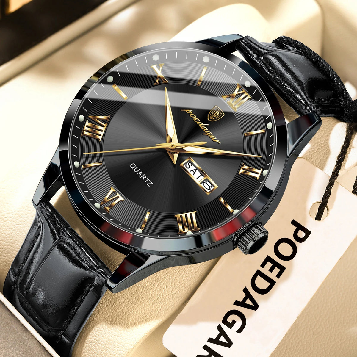 Montre homme tendance POEDAGAR, bracelet en cuir, date et semaine, montre à quartz de luxe, étanche, lumineuse, style business décontracté.