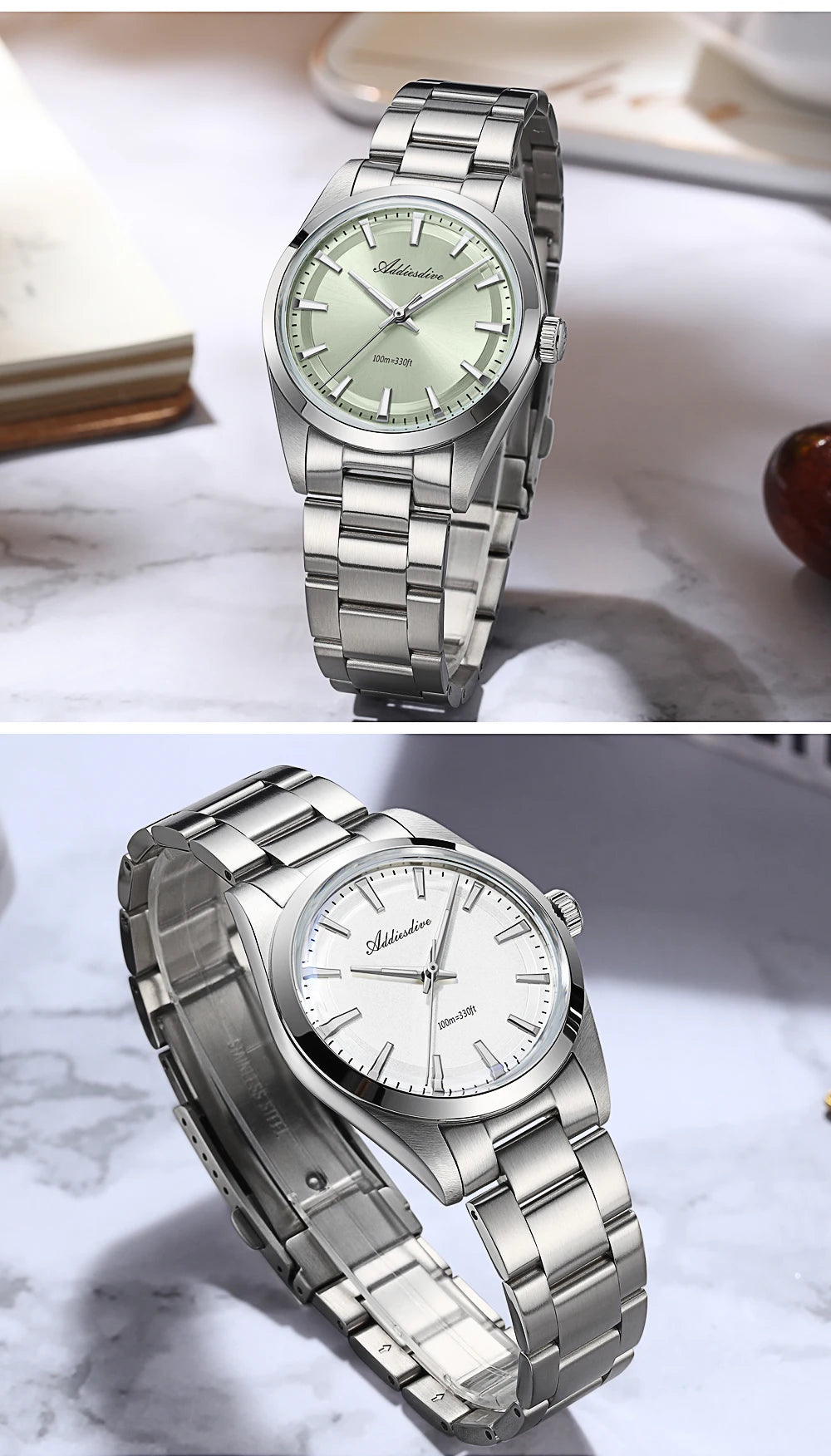 ADDIESDIVE herenhorloge van staal, luxe uitvoering, voorzien van een gewelfd glas, een quartz uurwerk en een blauwe lichtgevende coating BGW9; waterdicht tot 100 ATM, analoge weergave – Model AD2066