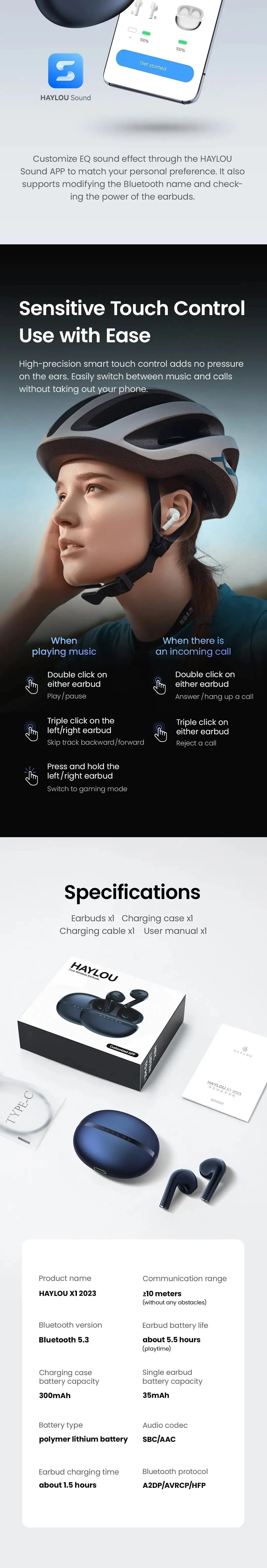 HAYLOU X1 2023 TWS Bluetooth 5.3 Earphones Wireless Earbuds with 24H Battery, IPX4 Waterproof, APP Control, Low Latency Stereo Headphones