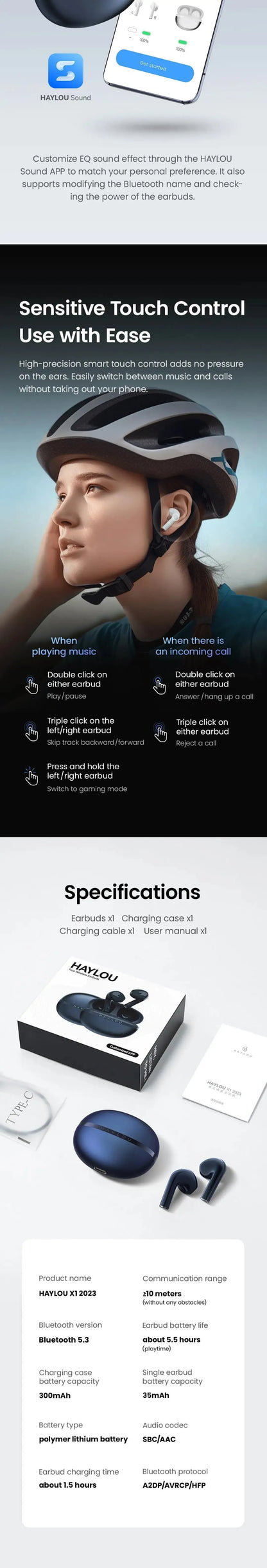 HAYLOU X1 2023 TWS Bluetooth 5.3 Earphones Wireless Earbuds with 24H Battery, IPX4 Waterproof, APP Control, Low Latency Stereo Headphones