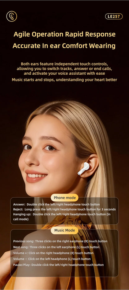 Lenovo LE257 TWS Wireless Bluetooth 6.0 Headphones with HiFi Sound, ENC Noise Reduction, Gaming Earbuds with Mic, Sports Waterproof Headset