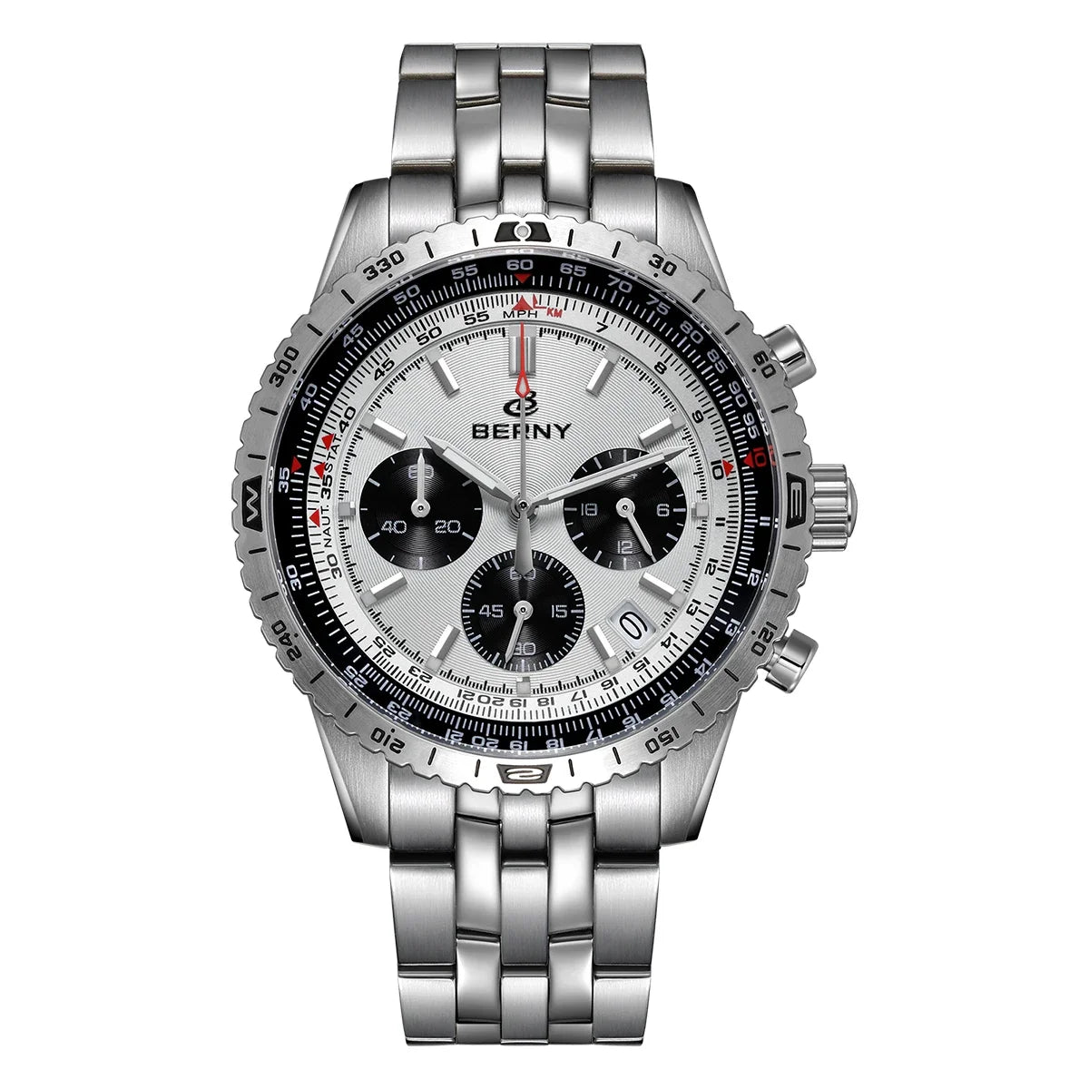 Męski zegarek chronograf BERNY – wielofunkcyjny zegarek kwarcowy w stylu lotniczym, wyposażony w datownik, szafirowe szkło i doskonałą luminescencję – luksusowy męski zegarek na rękę