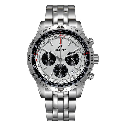 Męski zegarek chronograf BERNY – wielofunkcyjny zegarek kwarcowy w stylu lotniczym, wyposażony w datownik, szafirowe szkło i doskonałą luminescencję – luksusowy męski zegarek na rękę