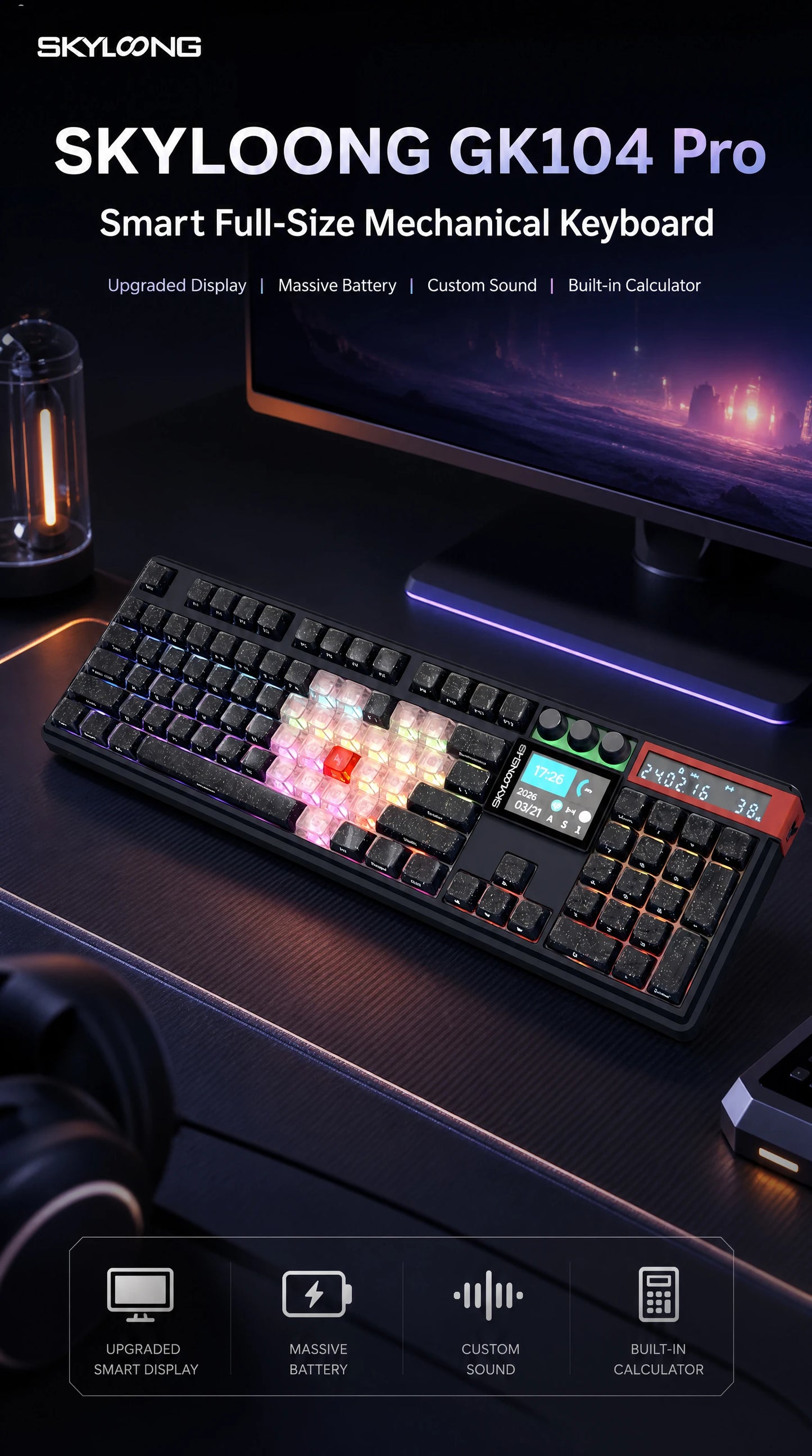 SKYLOONG GK104 Pro Wireless Mechanical Keyboar Full-Size Gamer Keyboard RGB Backlit Voice Calculator 8K Polling Rate for PC
