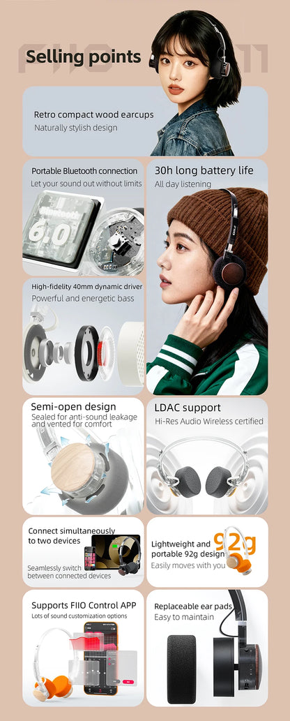 FIIO EH11 On-Ear Bluetooth Headphones – Hi-Res LDAC Wireless Bass Headset, 30H Battery, Dual Device Connection & Lightweight Retro Design