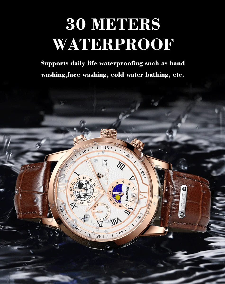 LIGE Luxury Man Wristwatch Waterproof Luminous Chronograph Watch for Men Leather Strap Men's Quartz Watches Reloj Hombre+Box