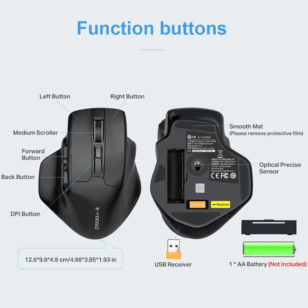 E-YOOSO X-31 USB 2.4G brezžična gaming miška velike velikosti za velike roke PAW3212 4800 DPI 5 gumbov za igralce, miška za računalnik, prenosnik in PC