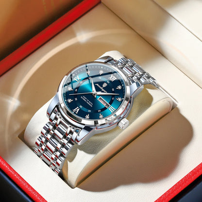 Trendy, luxury POEDAGAR men’s wristwatch, water-resistant, made of stainless steel, with luminous hands, date display and quartz movement.