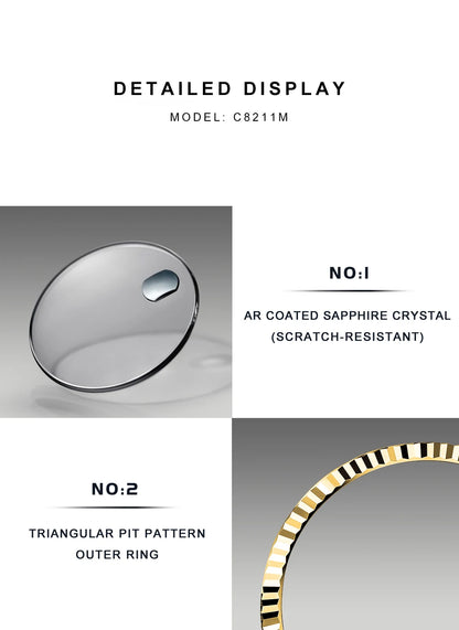 CADISEN 38MM Men's Automatic Mechanical Watch Luxury AR Sapphire Glass Water Resistant Stainless Steel MIYOTA 8215 Reloj Hombre