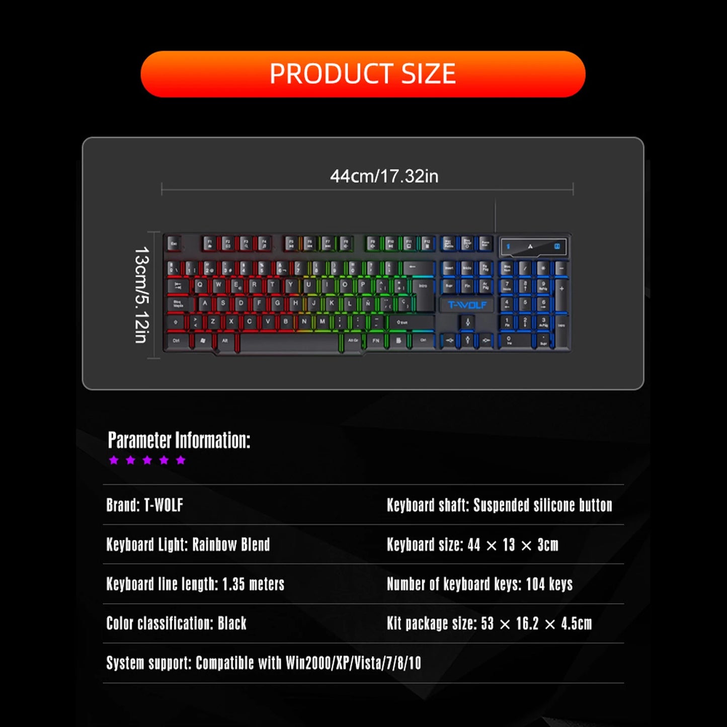 Teclado gaming con sensación mecánica, retroiluminación RGB, teclado con cable USB para oficina y hogar, teclas multimedia, ruso, español, árabe e inglés