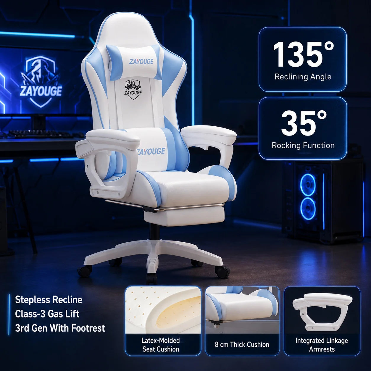 AOLIVIYA Gaming Reclining Chair Ergonomic Office Chair with Footrest, Adjustable Swivel Computer Chair, Racing Style E-Sports Gaming Seat