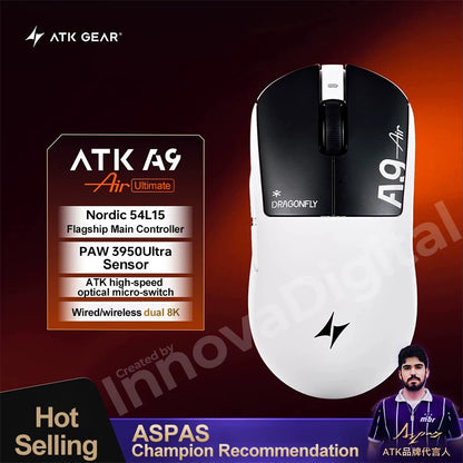 ATK Dragonfly A9 Ultimate безжична геймърска мишка A9 Air PAW3950, ултралека ергономична e-sports мишка за FPS геймъри, CSGO A9 Ultra
