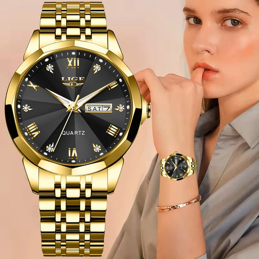 Montre-bracelet à quartz pour femme LIGE – Élégante et luxueuse, affichant la date et le jour de la semaine – Montre simple et étanche, idéale comme cadeau pour femme