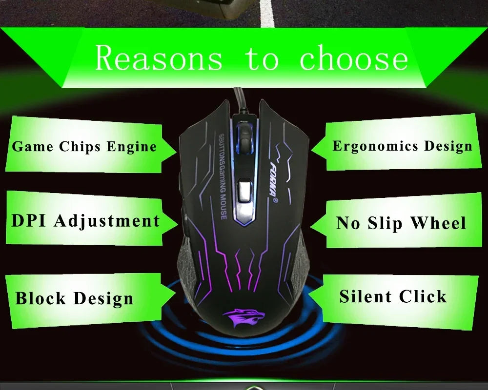 Silent Click USB Wired Gaming Mouse RGB, 6-Button Optical Gaming Mouse with Adjustable 3200 DPI, Ergonomic USB Gaming Mouse for PC, Laptop & Notebook