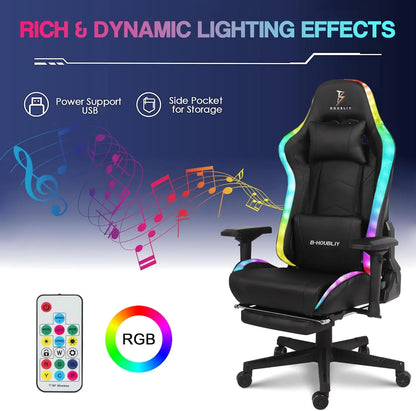Cadeira Gaming de Massagem com Colunas e Luzes LED RGB, Cadeira Gaming Ergonómica para Computador com Apoio Lombar, Giratória e Ajustável