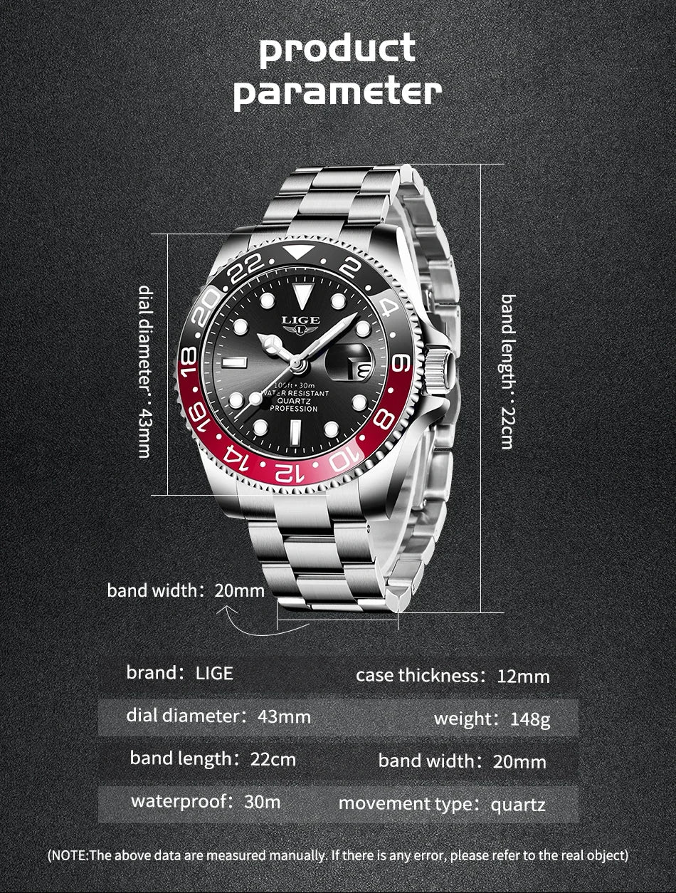 LIGE 2025 brand new men's watch luminous stainless steel business quartz luxury clock waterproof watches for men reloj hommes