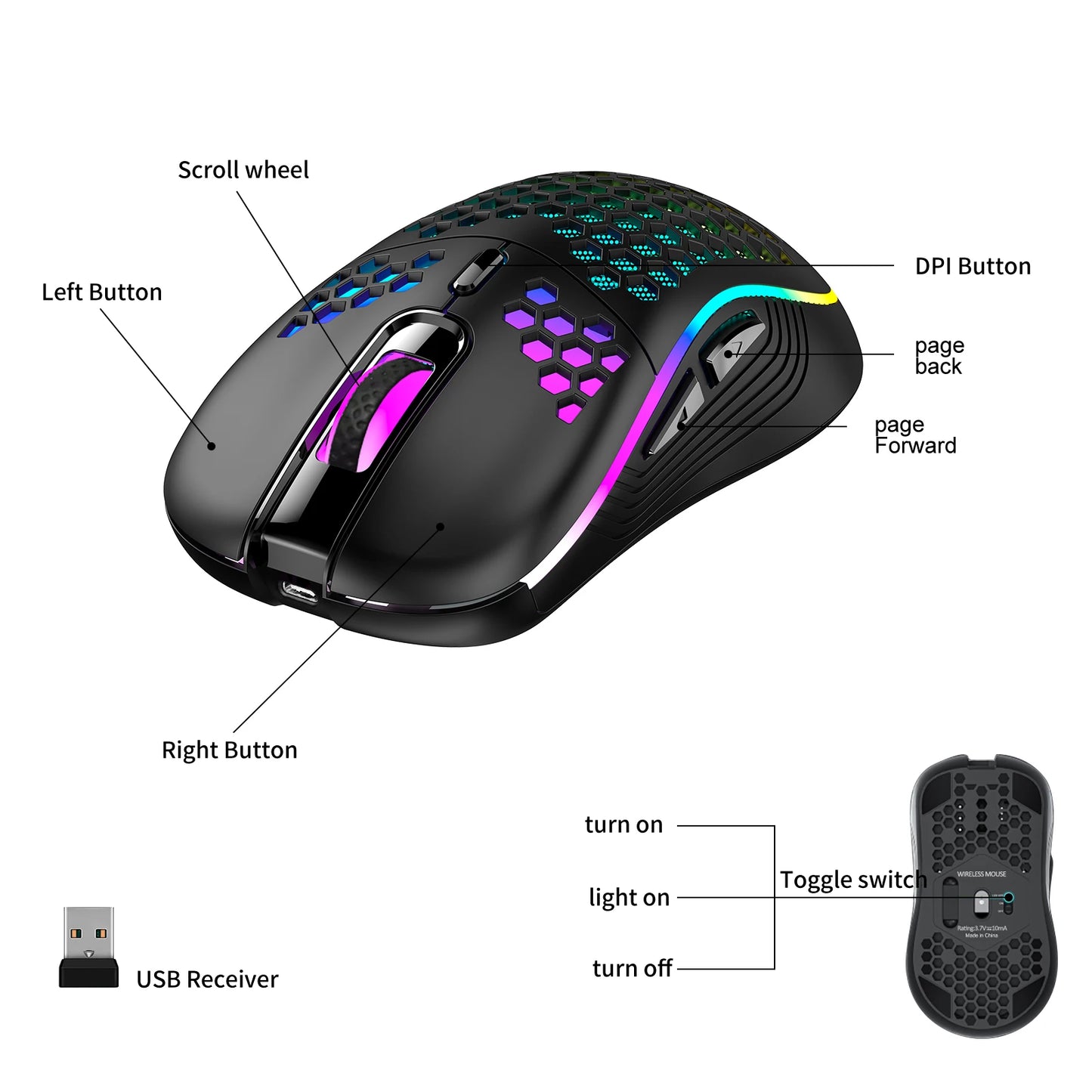Wireless Gaming Mouse RGB Rechargeable 2.4G USB Gaming Mouse with Honeycomb Design, Ergonomic Wireless Gaming Mouse, LED Lights, Drag-Free Paracord for PC & Laptop