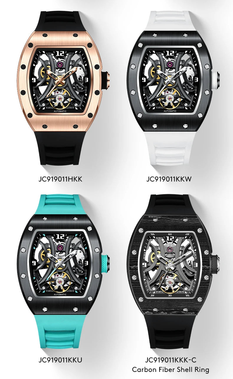 Luxury Automatic Watch Men Sports Barrel Skeleton Design Mechanical Movement Silicone Strap 5 ATM Waterproof Watches