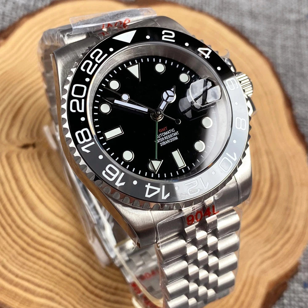 NH34A 200M Waterproof 40mm NH34 GMT Sapphire Luminous Automatic Movement Diving Watch Men Steel Bracelet Black Grey Insert