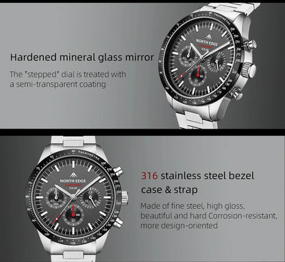 NORTH EDGE 2025 LONGWINGS Men Quartz Watch Solar Powered Stopwatch Waterproof 50M 316 Full Stainless Steel Luminous Pilot Watch