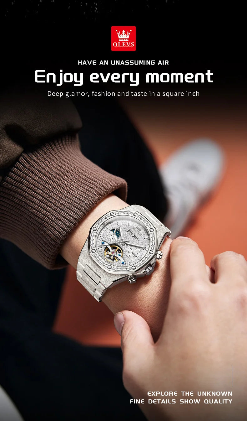 OLEVS 9805 Mens Watch Original Brand Tourbillon Automatic Mechanical Watch Diamond Dial Waterproof Moon Phase Watches For Men