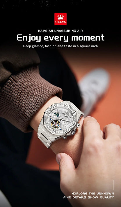 OLEVS 9805 Mens Watch Original Brand Tourbillon Automatic Mechanical Watch Diamond Dial Waterproof Moon Phase Watches For Men