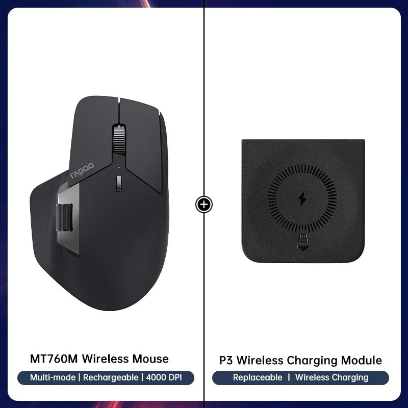 Rapoo MT760 Multi-Mode Rechargeable Wireless Mouse, Ergonomic Bluetooth Mouse with 4000 DPI, Easy-Switch for Up to 4 Devices, USB-C Rechargeable