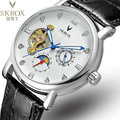 Luksusowy męski zegarek mechaniczny z automatycznym naciągiem, sygnowany przez renomowaną markę, wyposażony w tourbillon, wskaźnik faz księżyca i diamenty – elegancki zegarek na rękę.