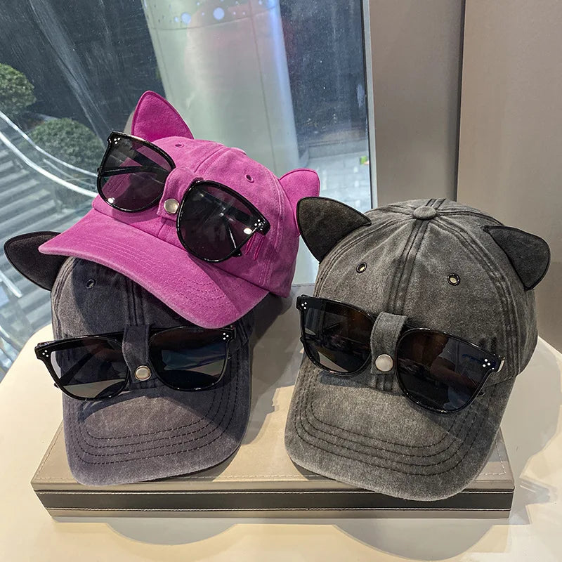 New Cat Ears Sunglasses Baseball Cap Y2K Cotton Washed Pilot Snapback Caps Gorras Women And Men Outdoor Sunshade Sun Hats Unisex