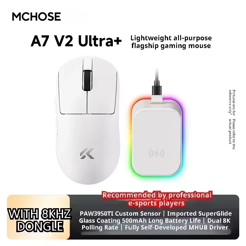 MCHOSE A7 V2 Ultra Wireless Gaming Mouse with PixArt 3950Ti Sensor, 8K Polling Rate, Lightweight Bluetooth & 2.4G RGB Gaming Mouse