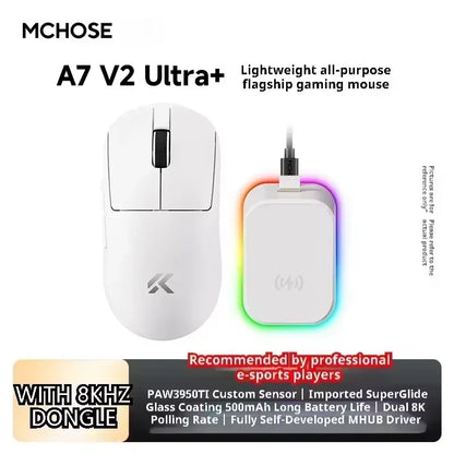MCHOSE A7 V2 Ultra Wireless Gaming Mouse with PixArt 3950Ti Sensor, 8K Polling Rate, Lightweight Bluetooth & 2.4G RGB Gaming Mouse