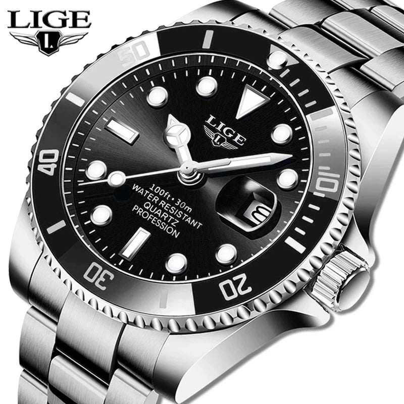 Montre de plongée de luxe pour homme, marque LIGE, étanche 3ATM, avec affichage de la date, montre à quartz sportive