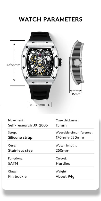 Luxury Automatic Watch Men Sports Barrel Skeleton Design Mechanical Movement Silicone Strap 5 ATM Waterproof Watches