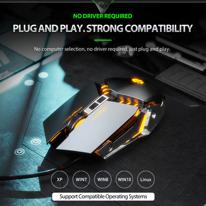 INPHIC W2 Gaming Mouse 8800 DPI Wired USB Optical Mouse with 6 Programmable Buttons, Silent Click, Ergonomic Design & RGB Breathing Light