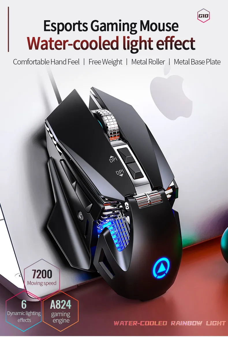 Ενσύρματο gaming ποντίκι esports με οπίσθιο φωτισμό RGB, ρυθμιζόμενο 200-7200 DPI, USB για PC, laptop και παιχνίδια FPS