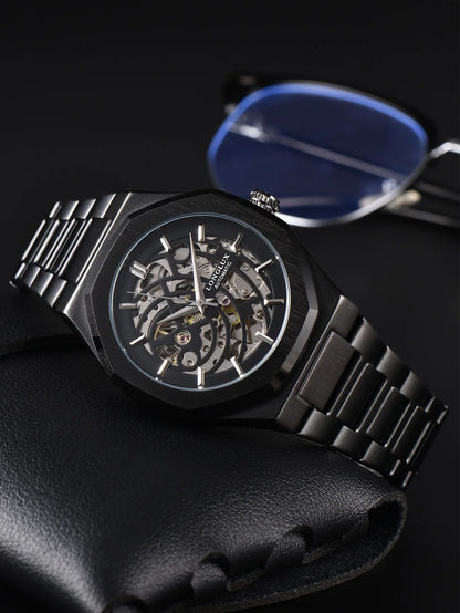 LONGLUX automatic watch business mechanical watches simple skeleton waterproof stainless steel cost effective mens watch gift