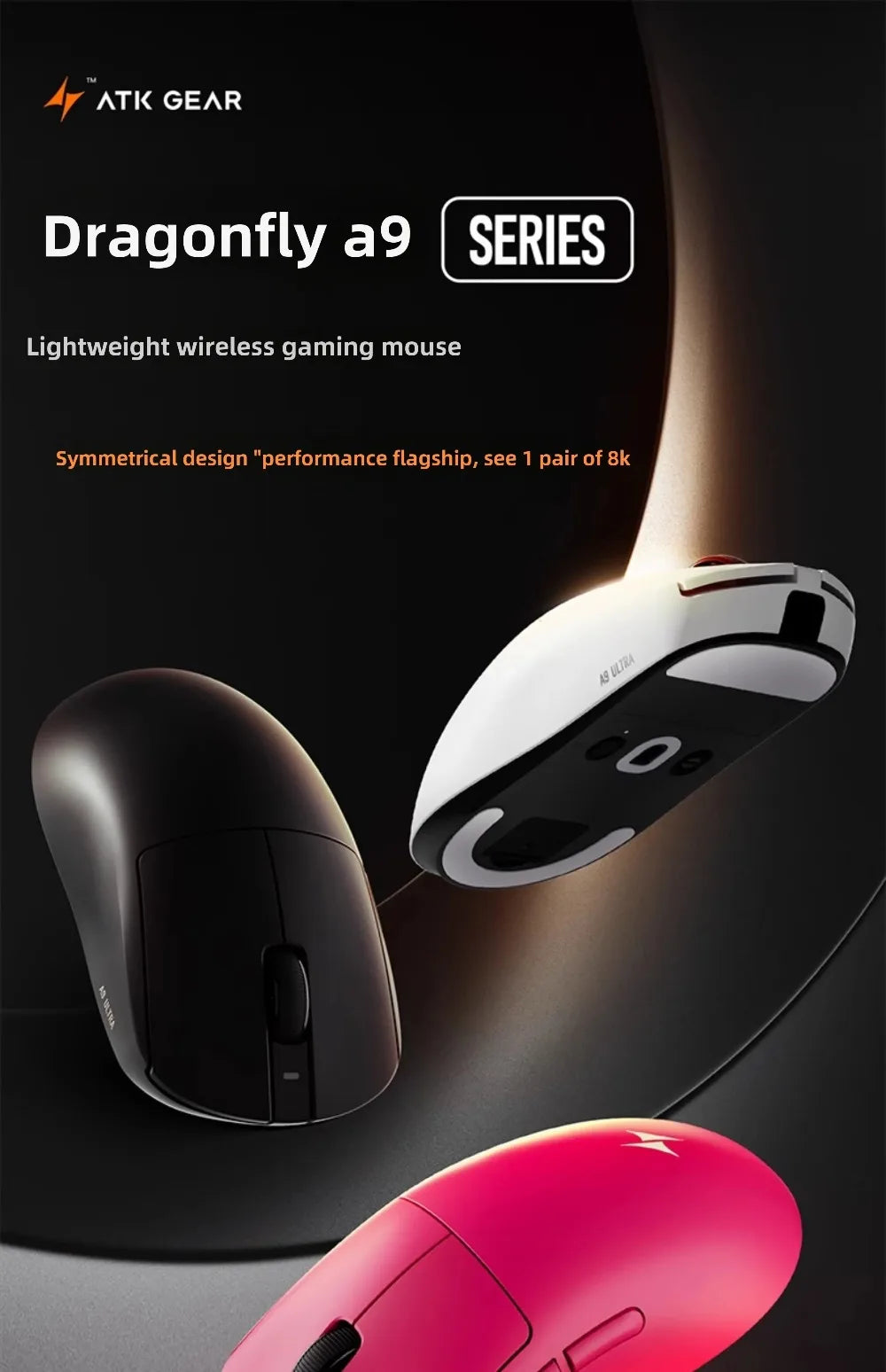 ATK Dragonfly A9 Wireless Gaming Mouse, PAW3950 Sensor, Tri-Mode Bluetooth Mouse, 30,000 DPI, 8KHz Polling Rate, Lightweight Ergonomic Esports Mouse