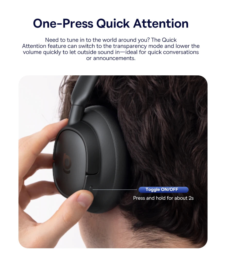 Baseus Bass EH10 NC Noise Cancelling Wireless Headphones Bluetooth 6.0 Over Ear Headset with 45dB ANC, 80H Battery, Hi-Res Audio & AI Calls