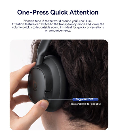 Baseus Bass EH10 NC Noise Cancelling Wireless Headphones Bluetooth 6.0 Over Ear Headset with 45dB ANC, 80H Battery, Hi-Res Audio & AI Calls