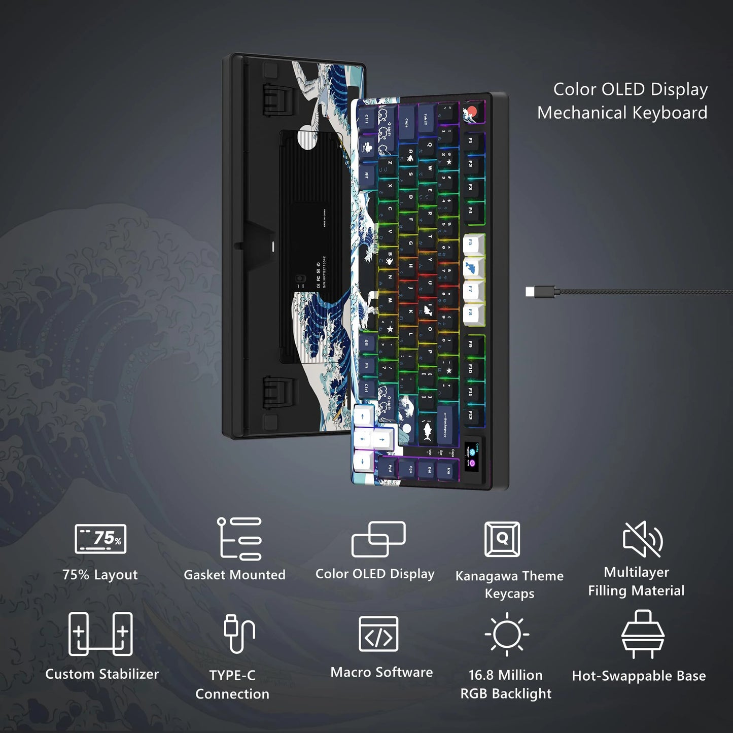 Womier Wired Mechanical Gaming Keyboard with OLED Display, Hot-Swappable RGB Keyboard, PBT Pudding Keycaps, 81-Key USB-C Mechanical Keyboard for PC & Laptop