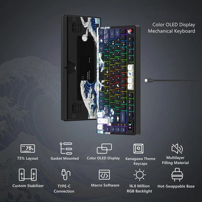 Womier Wired Mechanical Gaming Keyboard with OLED Display, Hot-Swappable RGB Keyboard, PBT Pudding Keycaps, 81-Key USB-C Mechanical Keyboard for PC & Laptop