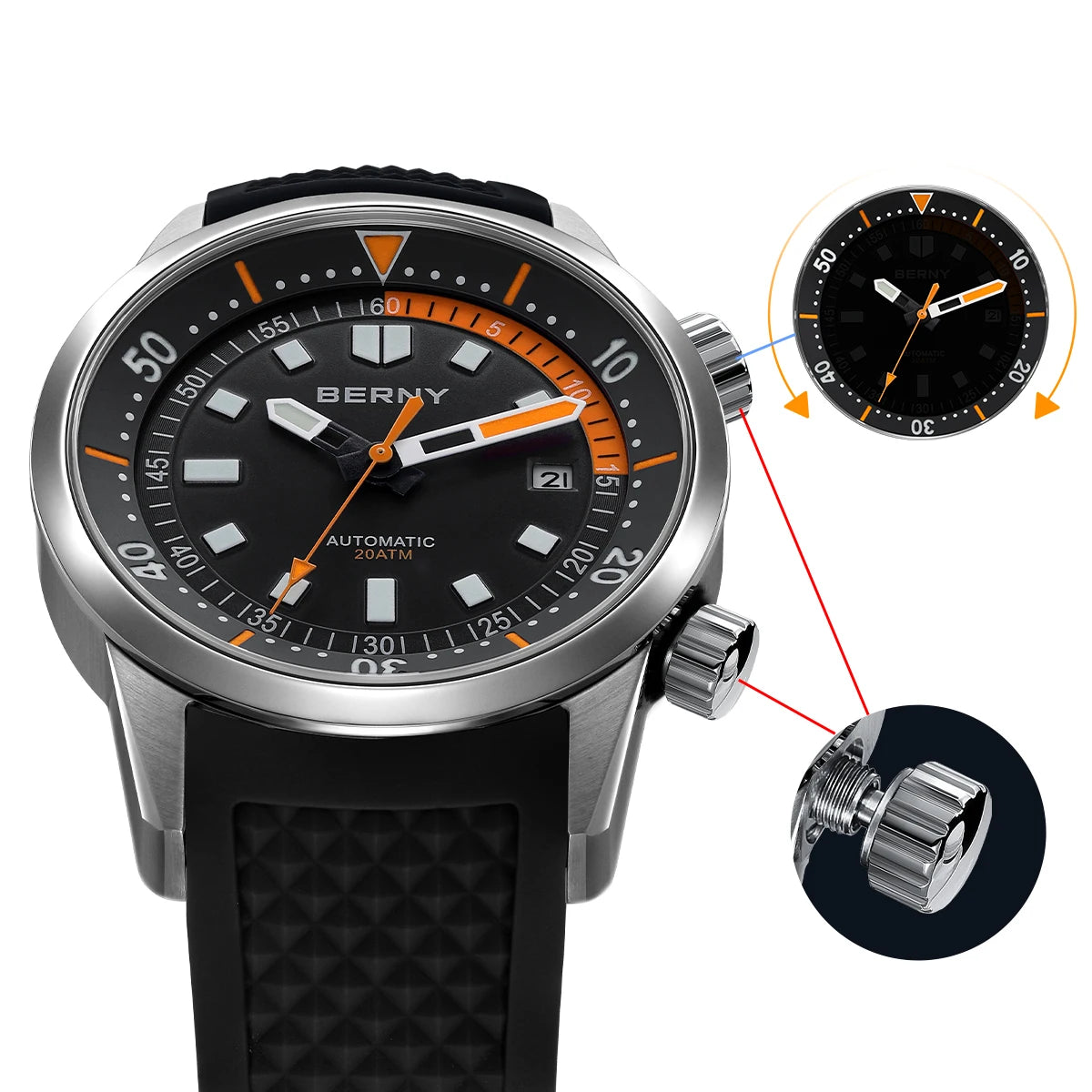 BERNY Men's Dive Watches 200M Waterproof Super Luminous Automatic Mechanical Diver Watch 42mm Sapphire Swim Diving Wristwatch