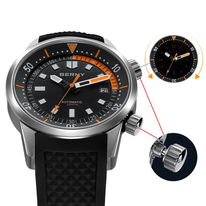 BERNY Men's Dive Watches 200M Waterproof Super Luminous Automatic Mechanical Diver Watch 42mm Sapphire Swim Diving Wristwatch
