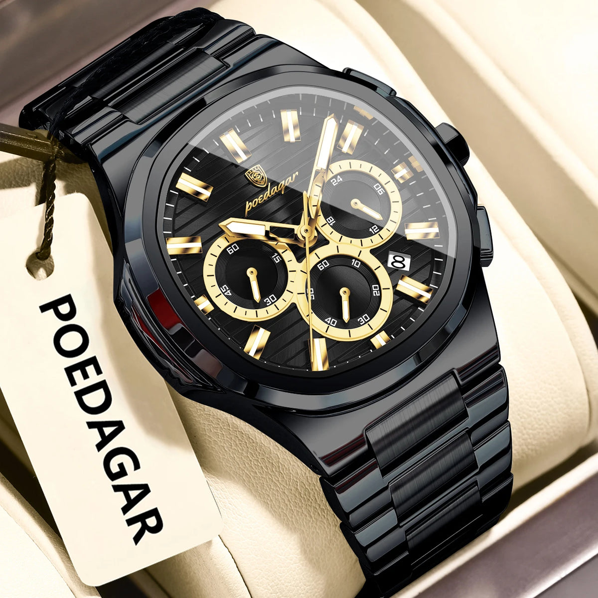 Montre-bracelet homme d'affaires POEDAGAR, chronographe avec date, étanche et lumineuse, de luxe, en acier inoxydable et à quartz.
