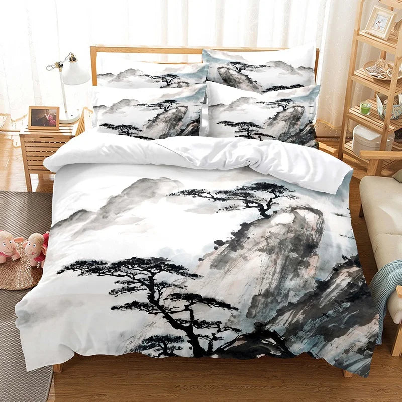 Set navlake za poplun s motivom bambusa u kineskom stilu, posteljina za mlade, platneni set navlake za poplun za krevet Queen Size, moderan set posteljine
