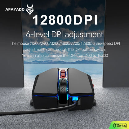 APAYADO T4 Wired Gaming Mouse 12800 DPI RGB Gaming Mouse with 1000Hz Polling Rate, Ultra-Light Cable, 60IPS Precision Mouse for PC & Laptop
